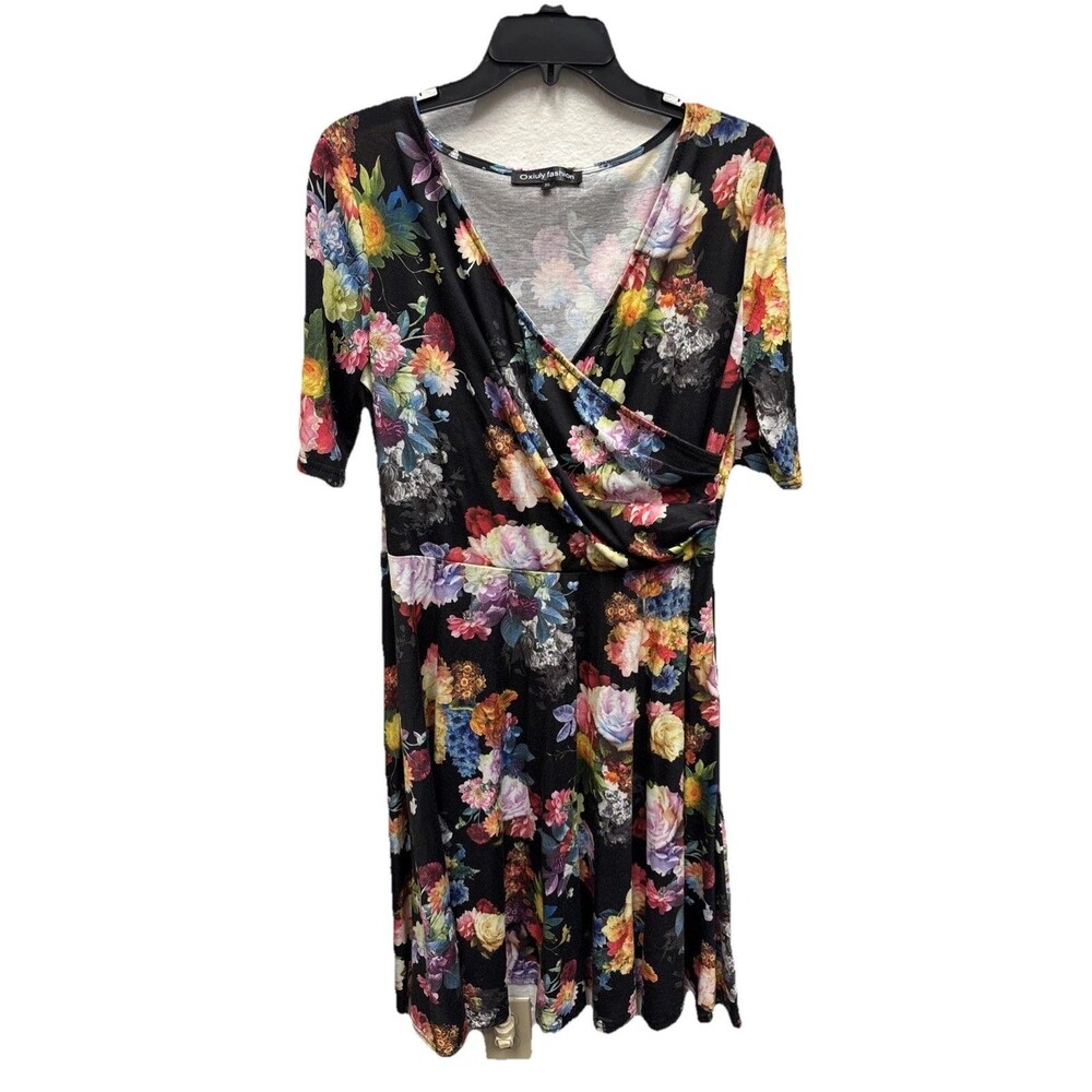 Oxiuly Fashion Dress Women Black MultiColor Floral Faux Wrap 3/4 Sleeve XL Swing